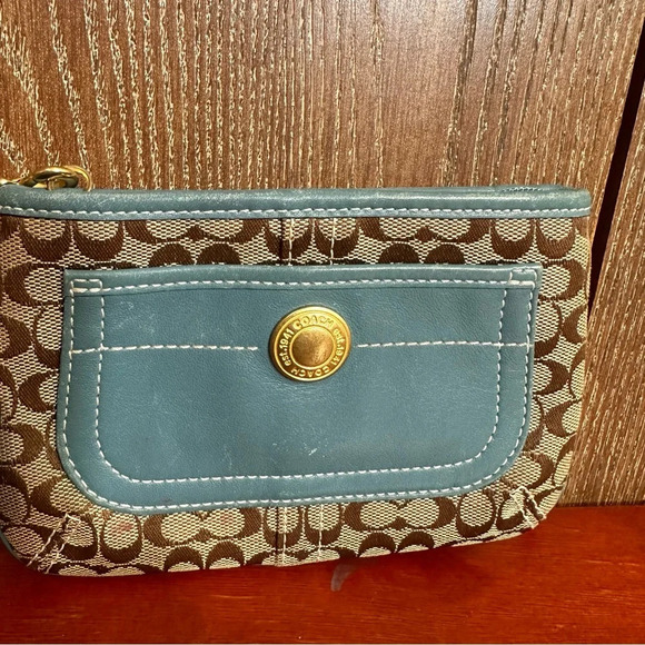 Coach Teal Monogram Wristlet Leather Canvas Small Purse Zip Pouch Cosmetic bag - Picture 3 of 8